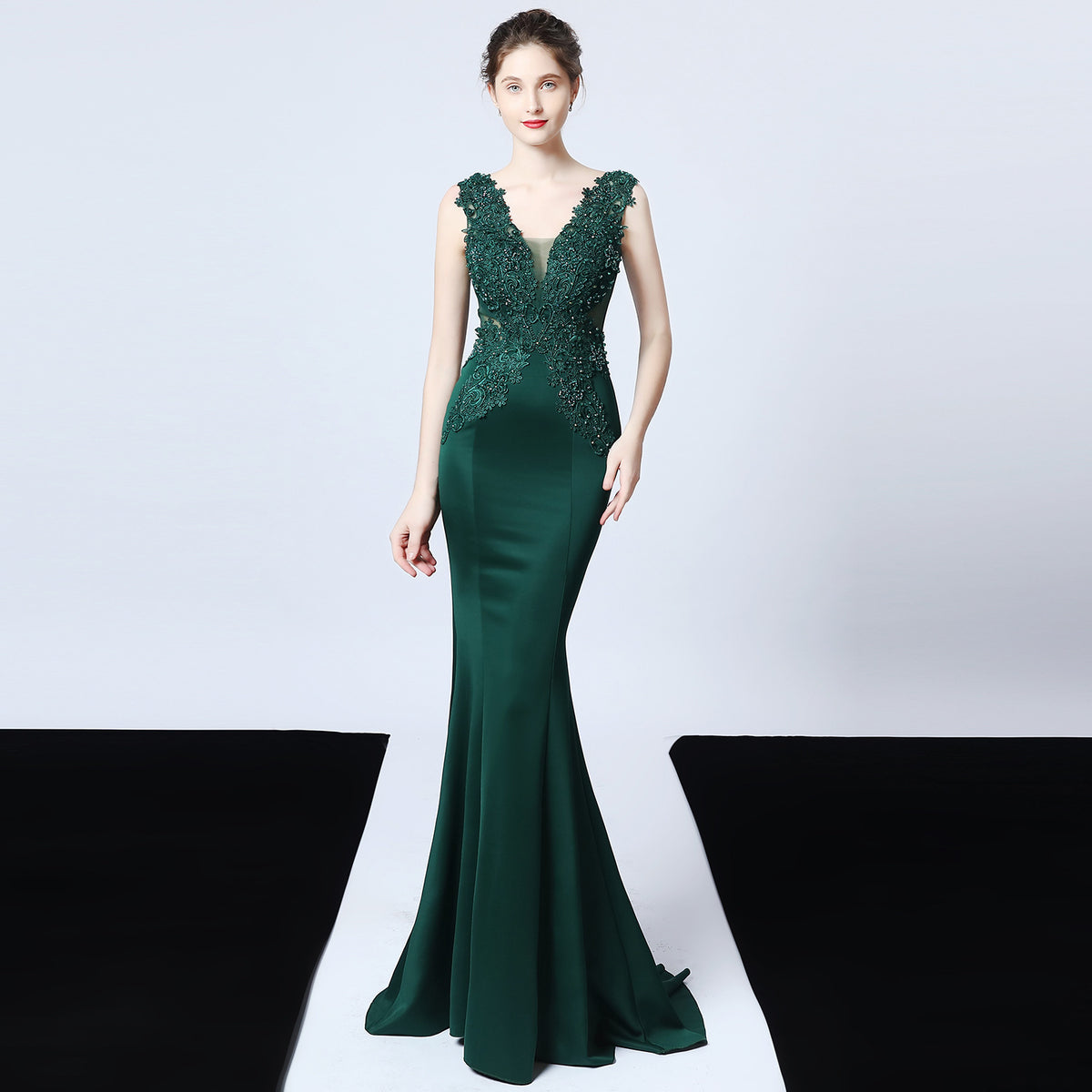 Women's Wedding Handmade Applique Beaded Toast Bride Long Dinner Slim Dress
