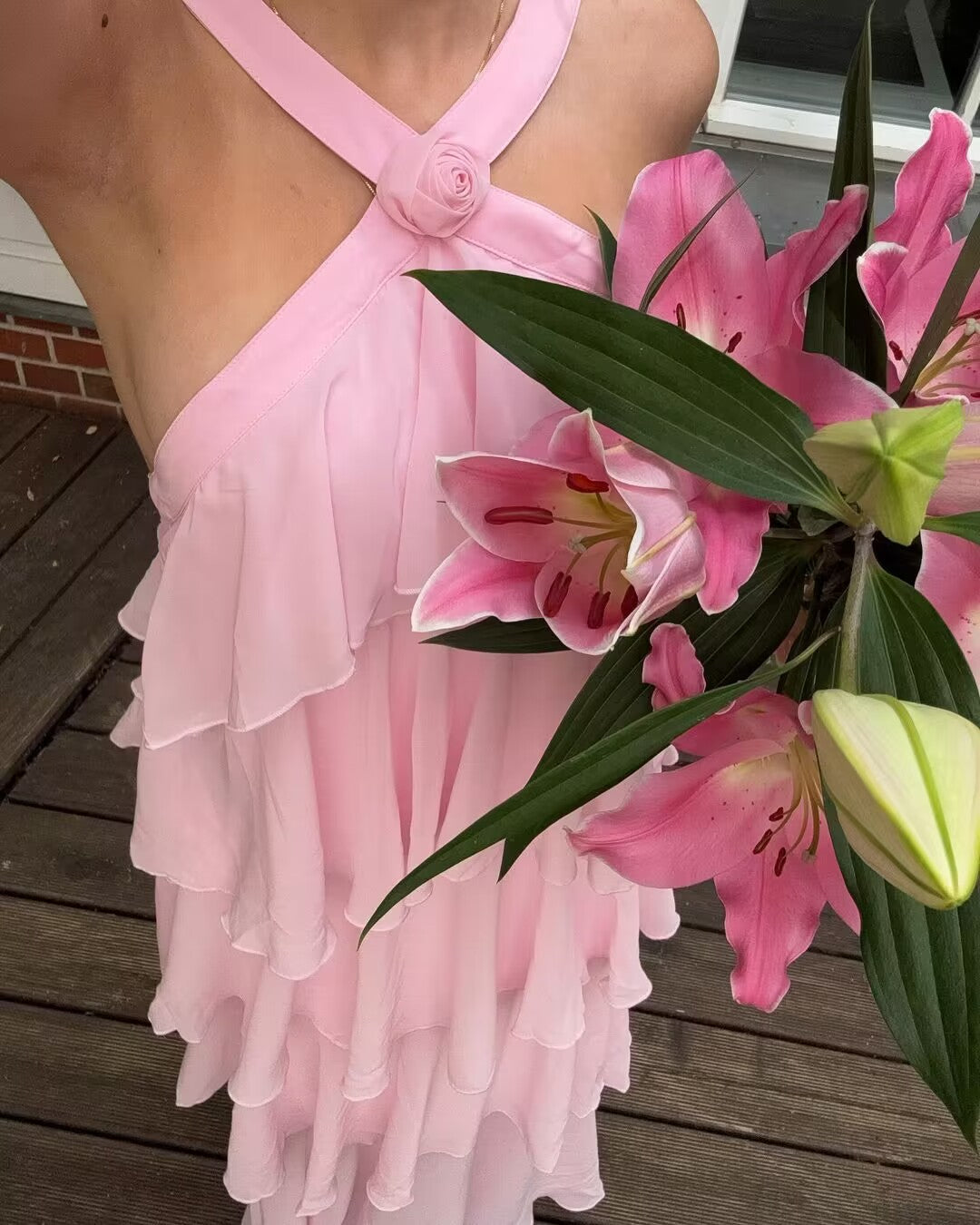 3D Ruffle Spaghetti-Strap A-Line Maxi Dress