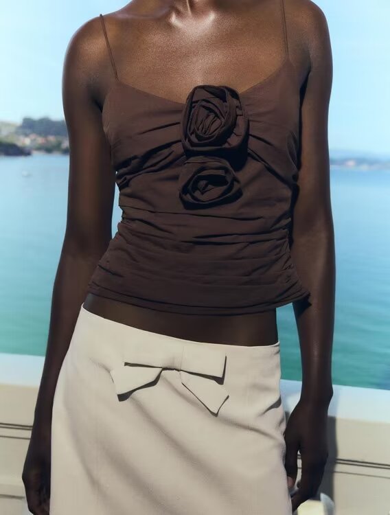 's Convex Floral Decorative Pleated Short Top
