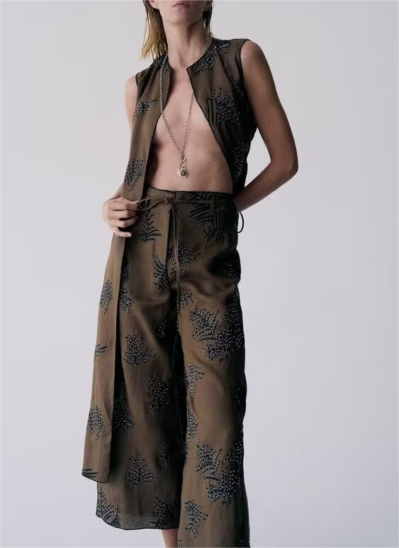 Summer Casual Long Embroidered Vest Wide Leg Pants Two-Piece Set