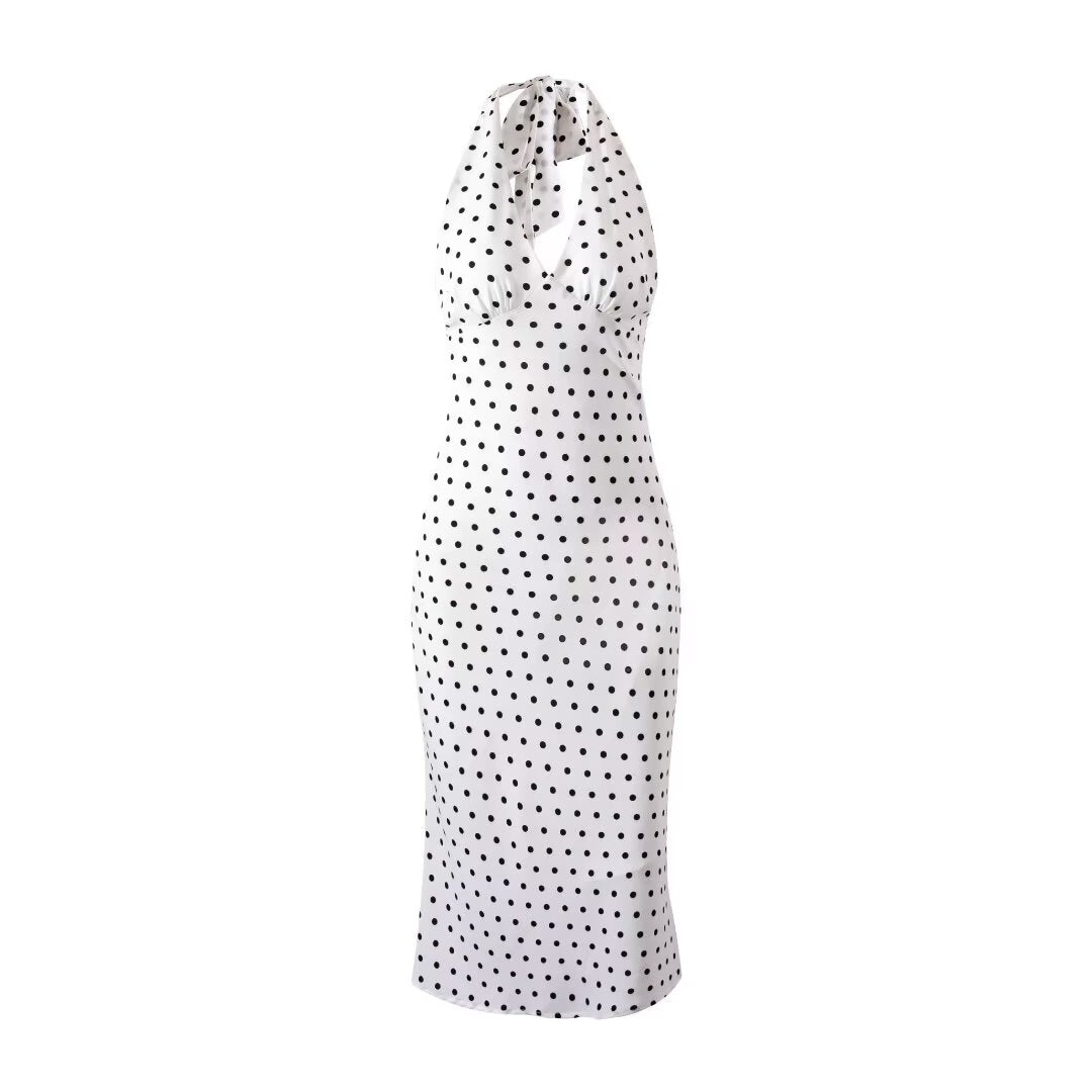 Polka Dot Halter Lace Up Beauty Back Waist Tight Dress