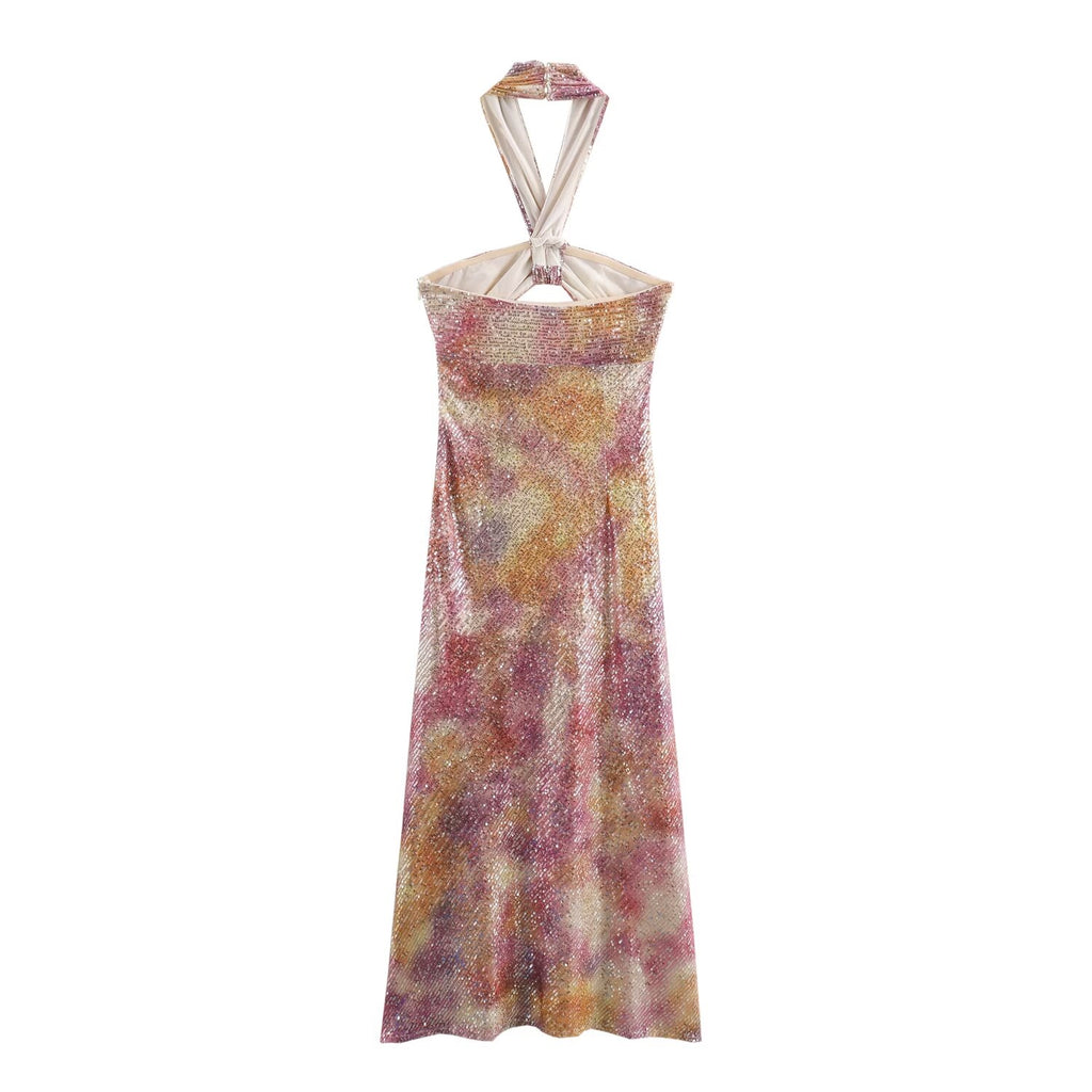 Sequin Bow Tie Hanging Collar Dress