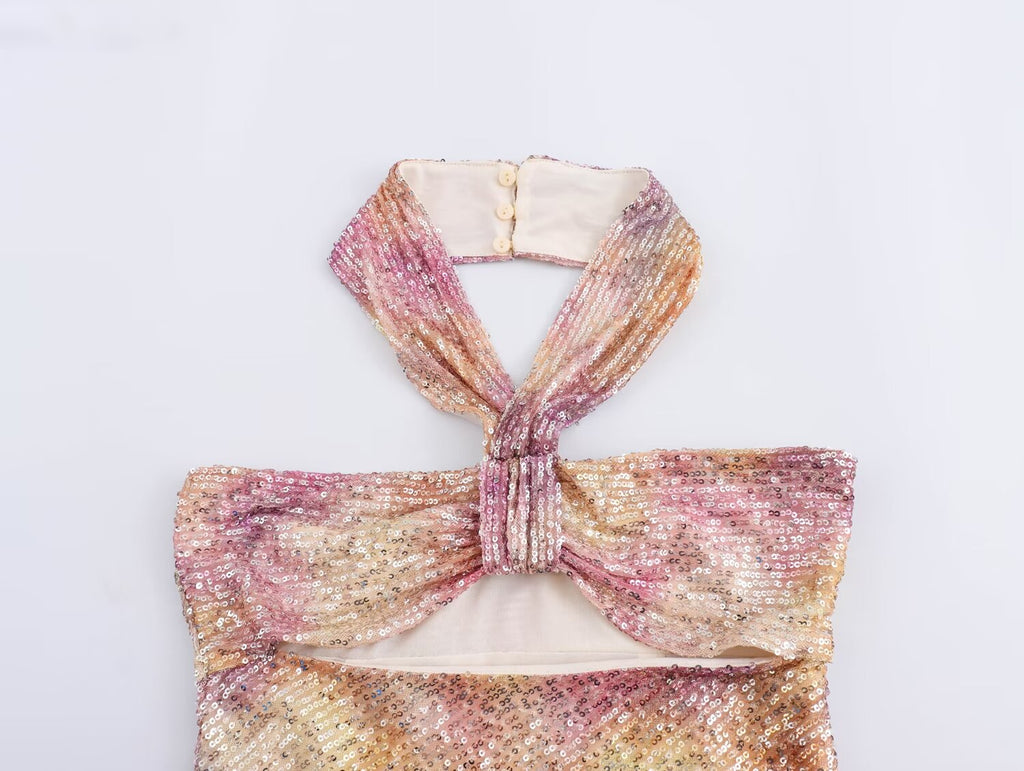 Sequin Bow Tie Hanging Collar Dress