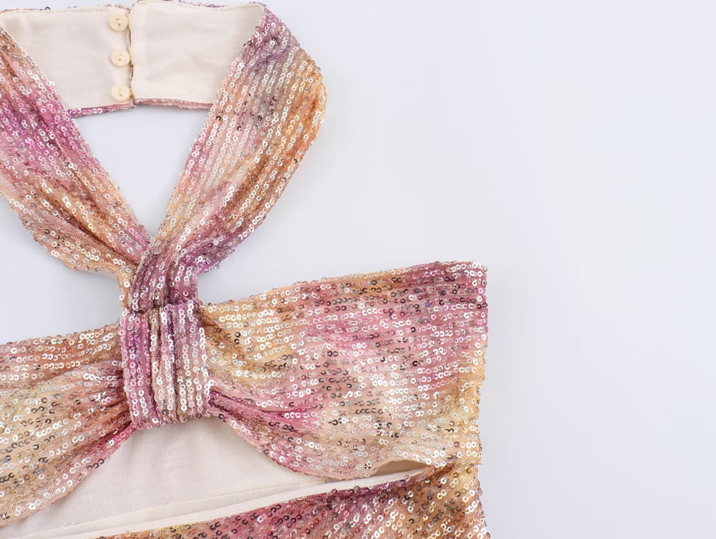 Sequin Bow Tie Hanging Collar Dress