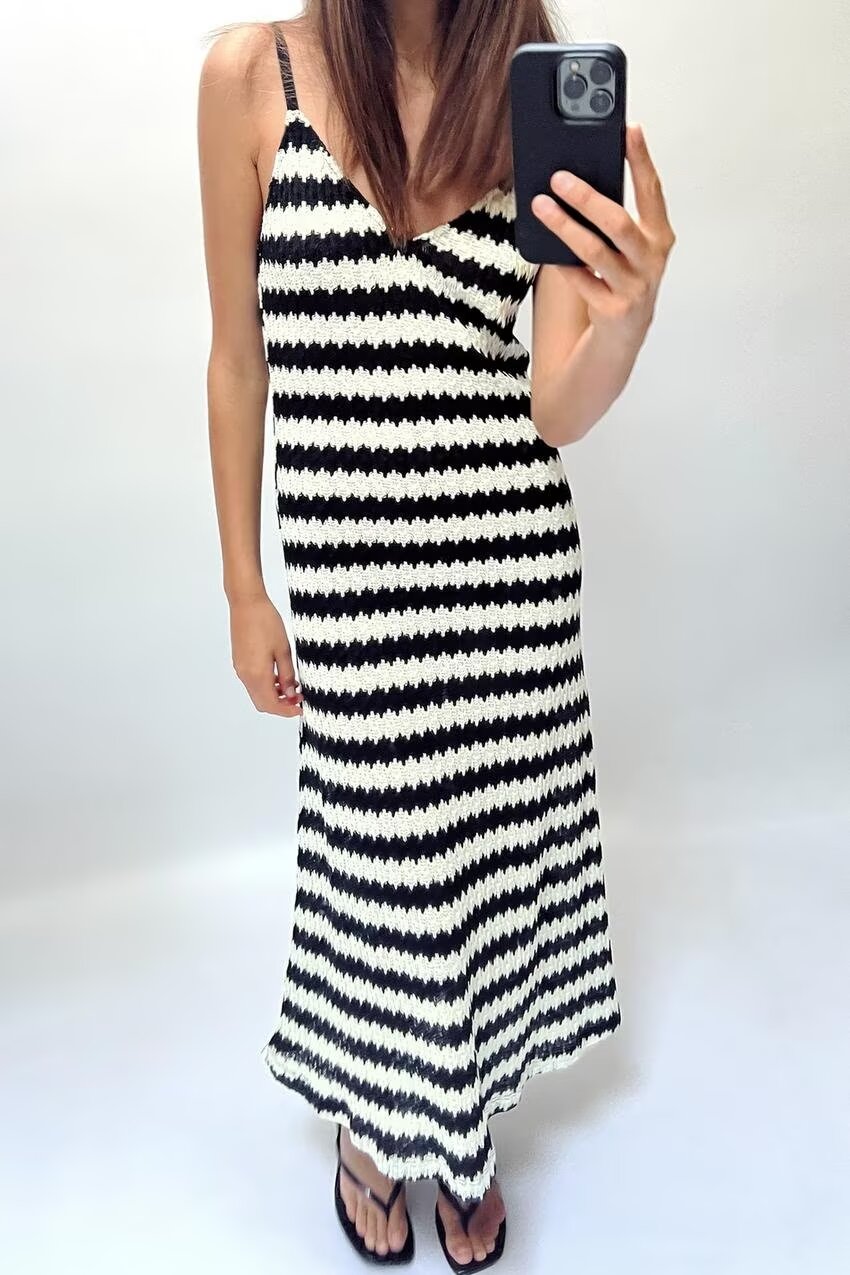 Striped Knit Spaghetti-Strap Dress