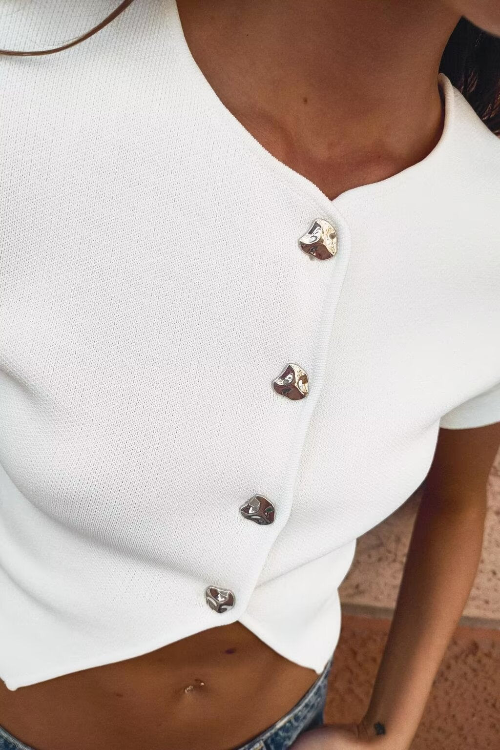 Women’s White V Neck Button Knit Top