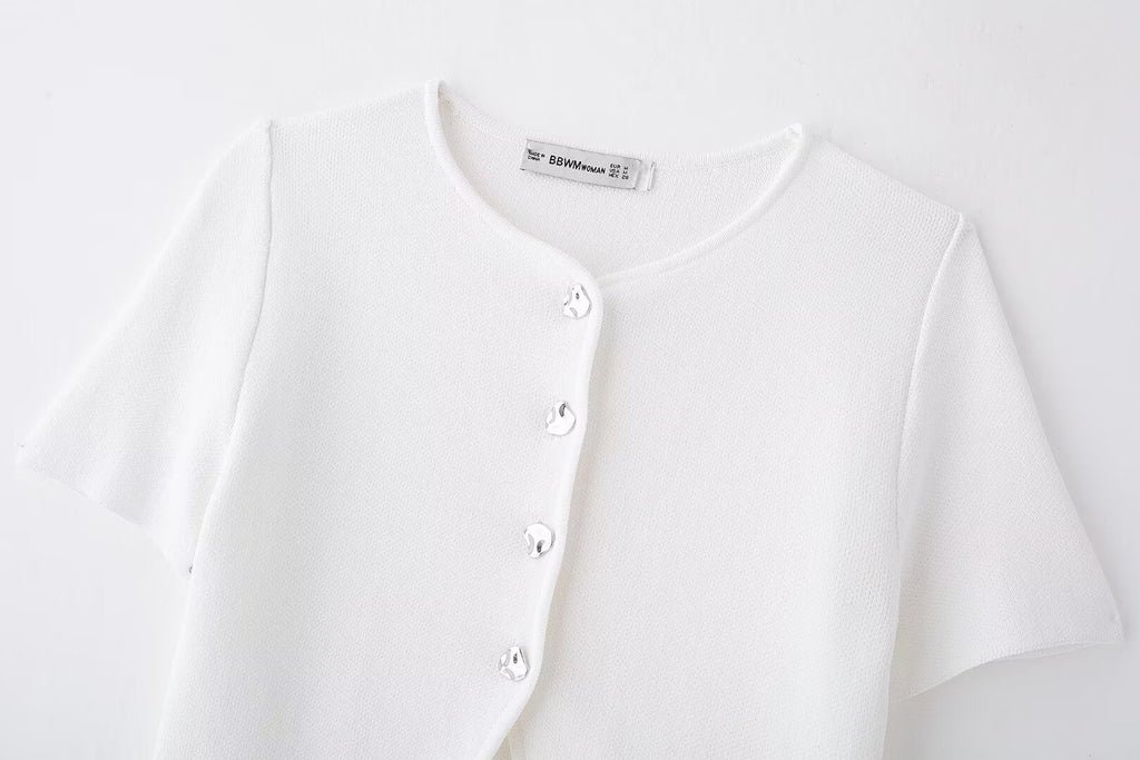 Women’s White V Neck Button Knit Top