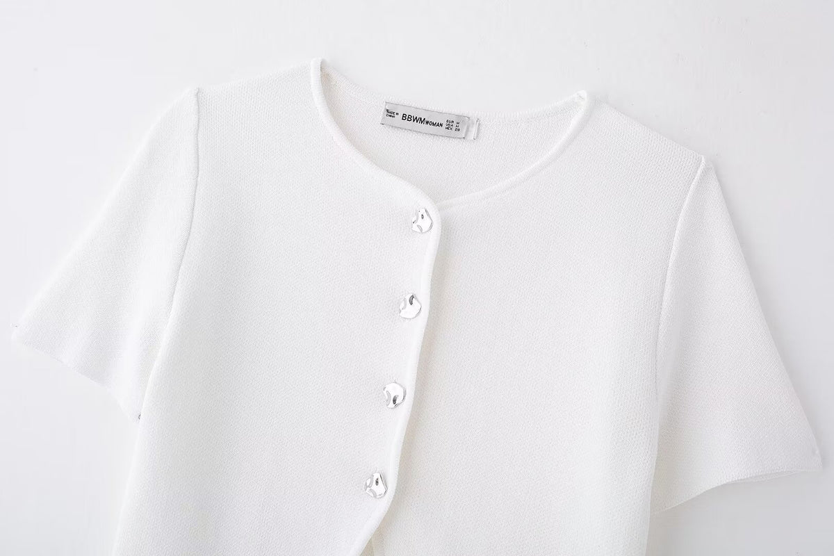 Women’s White V Neck Button Knit Top