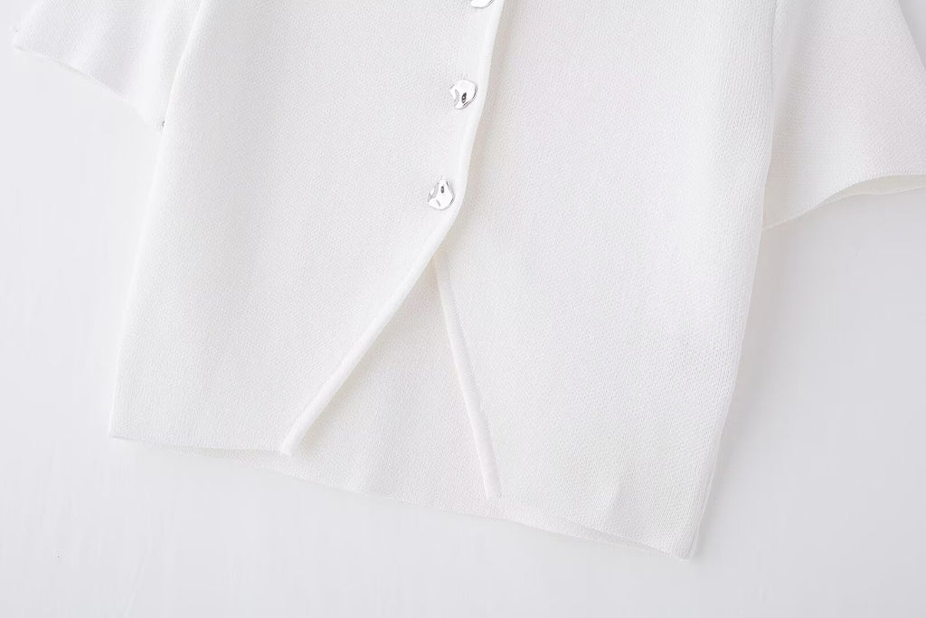 Women’s White V Neck Button Knit Top