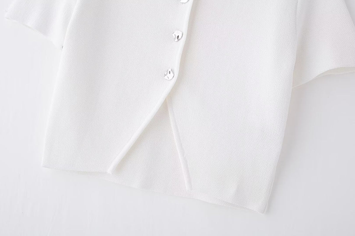 Women’s White V Neck Button Knit Top