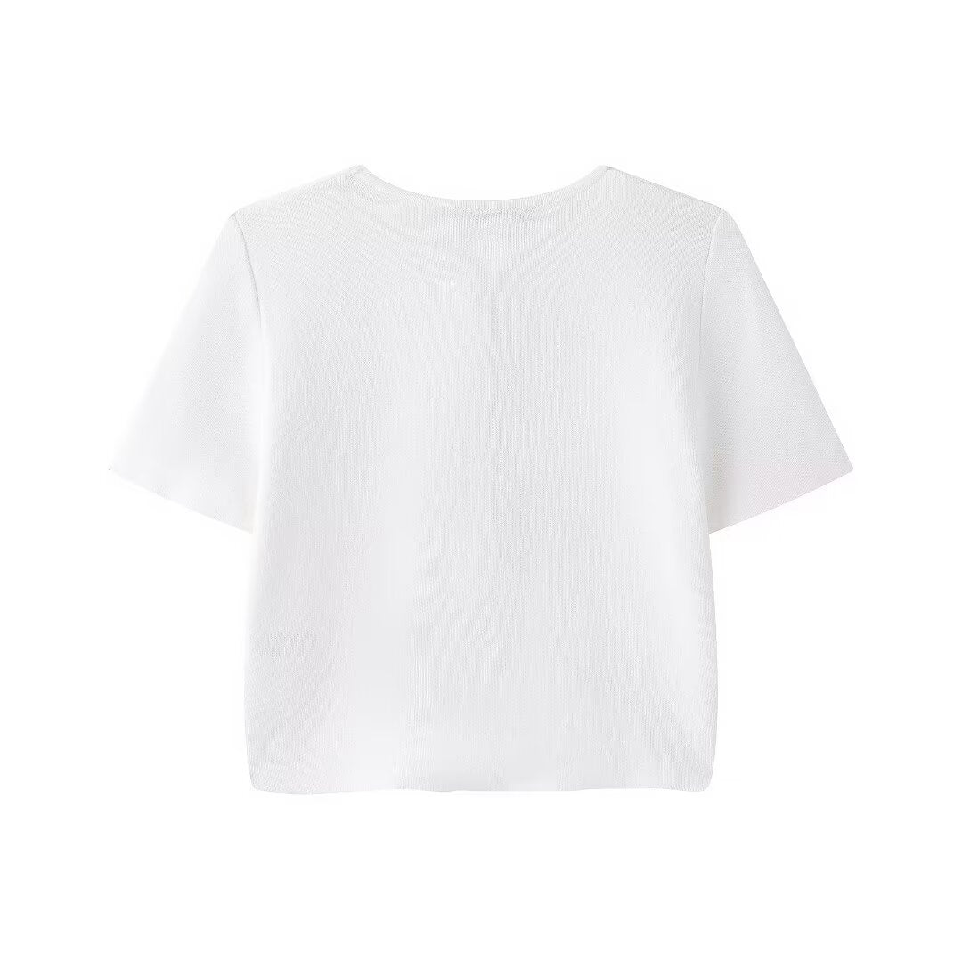Women’s White V Neck Button Knit Top