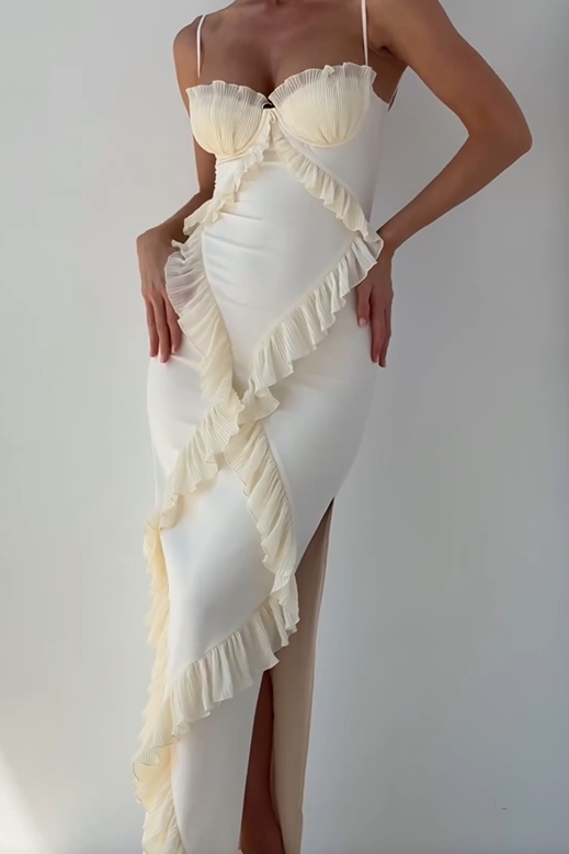 Women's White Ruffled Slit Cami Maxi Dress