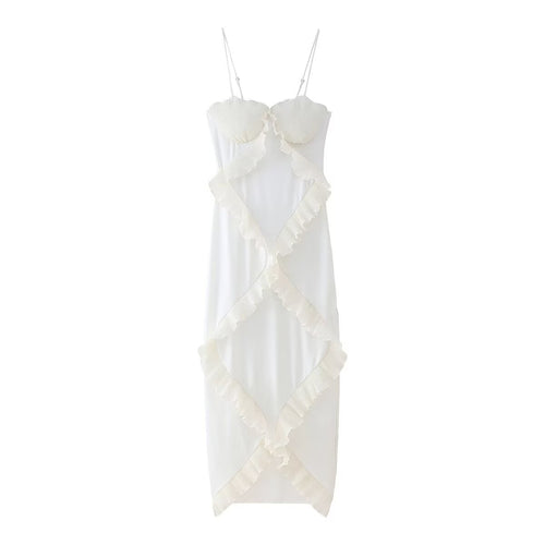 Women's Summer White Tube Top Pleated Ruffled Patchwork Slit Camisole Dress