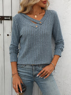 Women's Loose V Neck Button Sunken Stripe T-Shirt