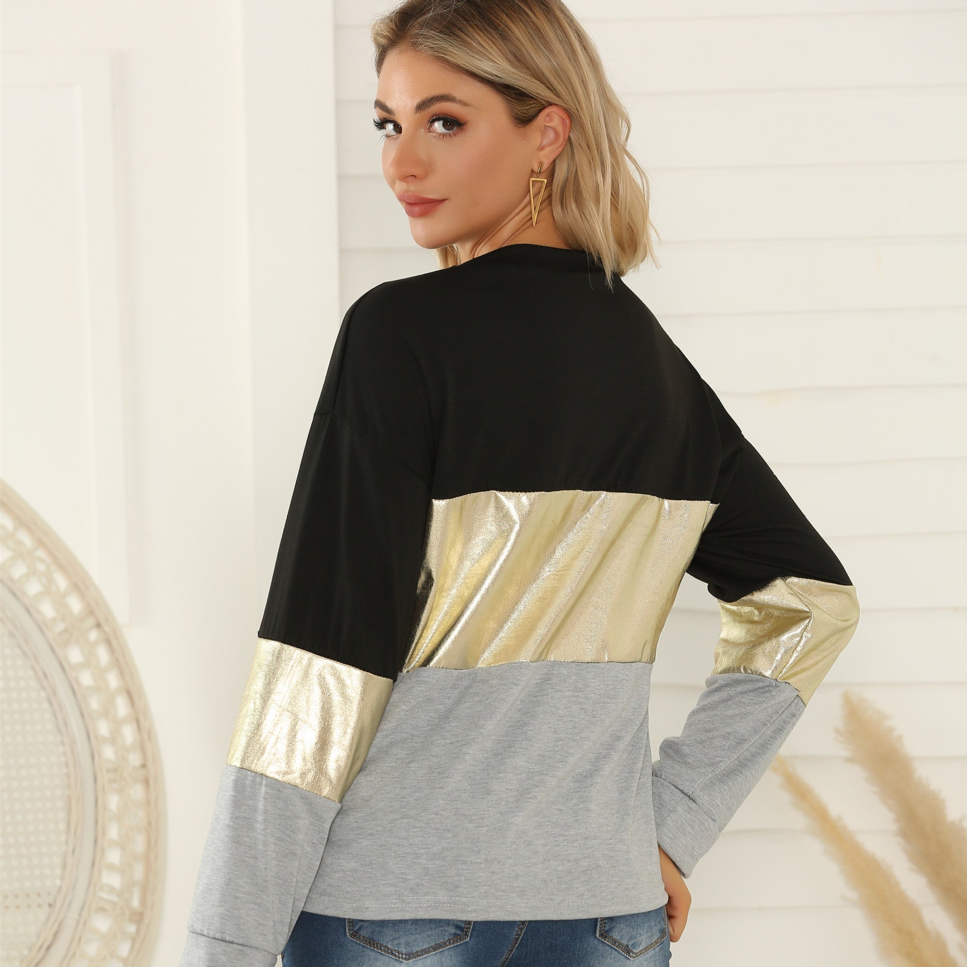 Women's Women T-Shirt Bottoming Shirt Trendy Women Autumn Spring Long Sleeve Stitching Golden Edge Color Block Top