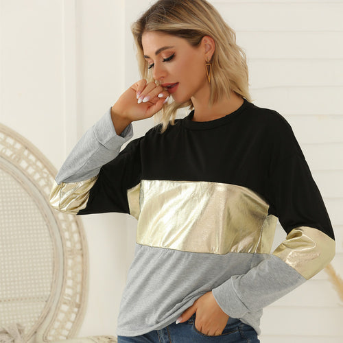 Women T-shirt Bottoming Shirt Trendy Women Autumn Spring Long Sleeve Stitching Golden Edge Color Block Top