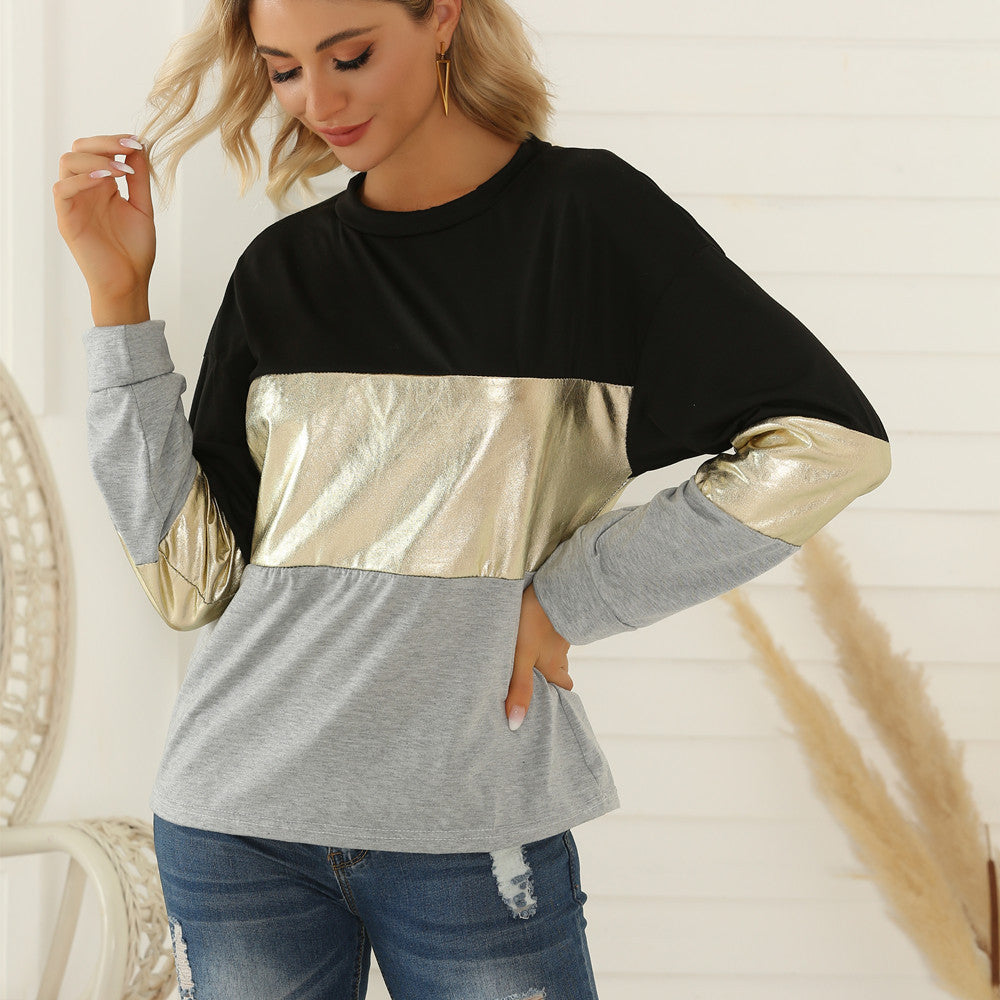 Women's Women T-Shirt Bottoming Shirt Trendy Women Autumn Spring Long Sleeve Stitching Golden Edge Color Block Top