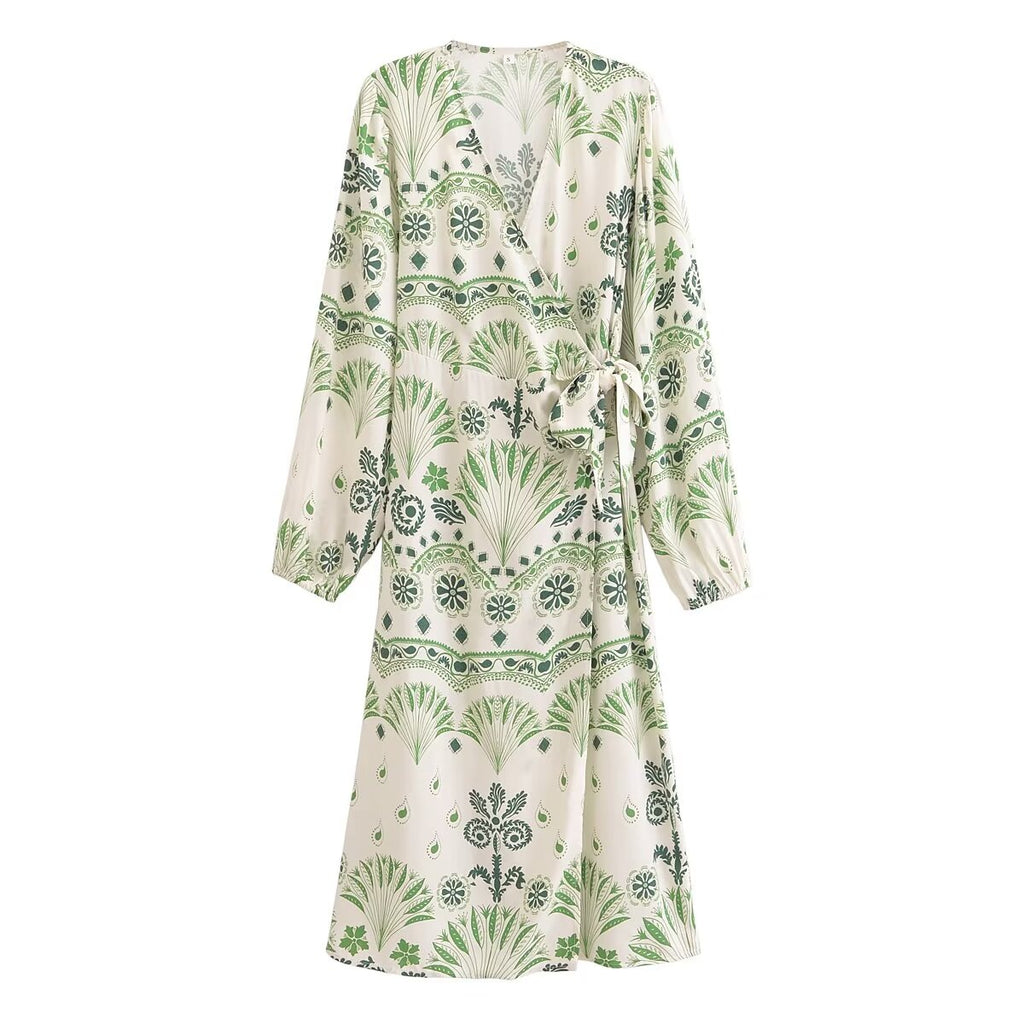 Printed V Neck Long Sleeve Shirt Dress