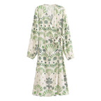 Printed V Neck Long Sleeve Shirt Dress