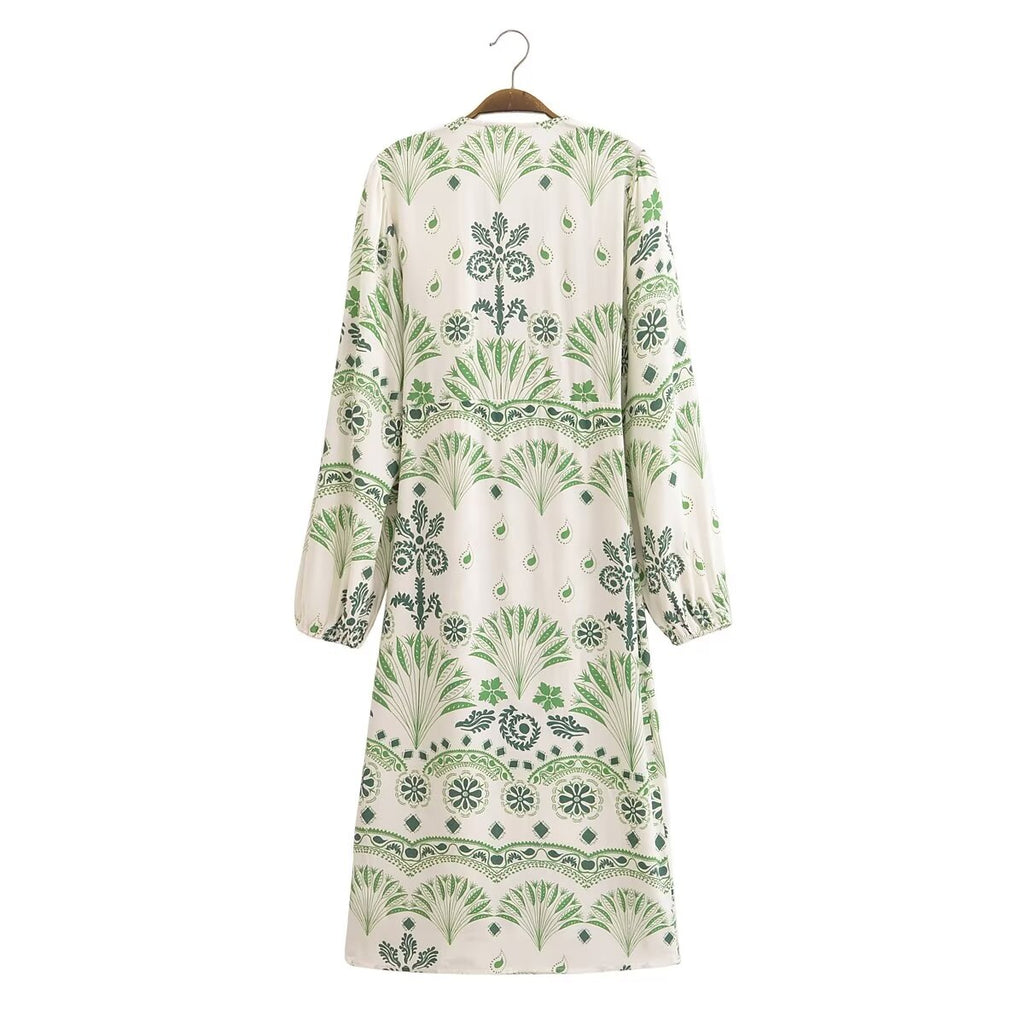 Printed V Neck Long Sleeve Shirt Dress