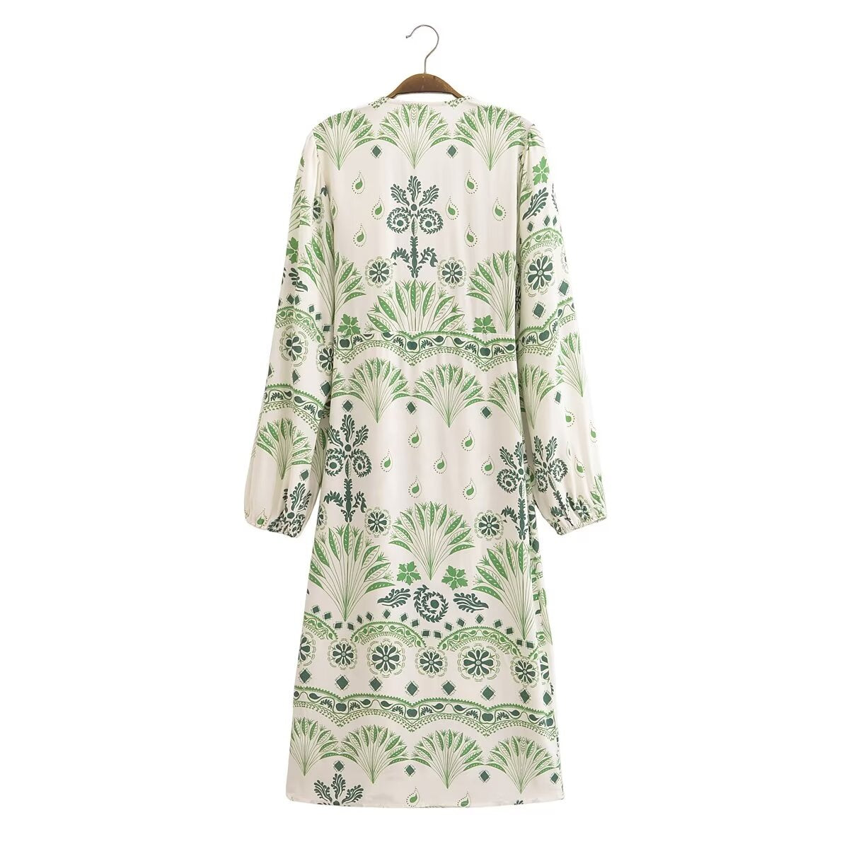 Printed V Neck Long Sleeve Shirt Dress