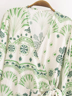 Printed V Neck Long Sleeve Shirt Dress