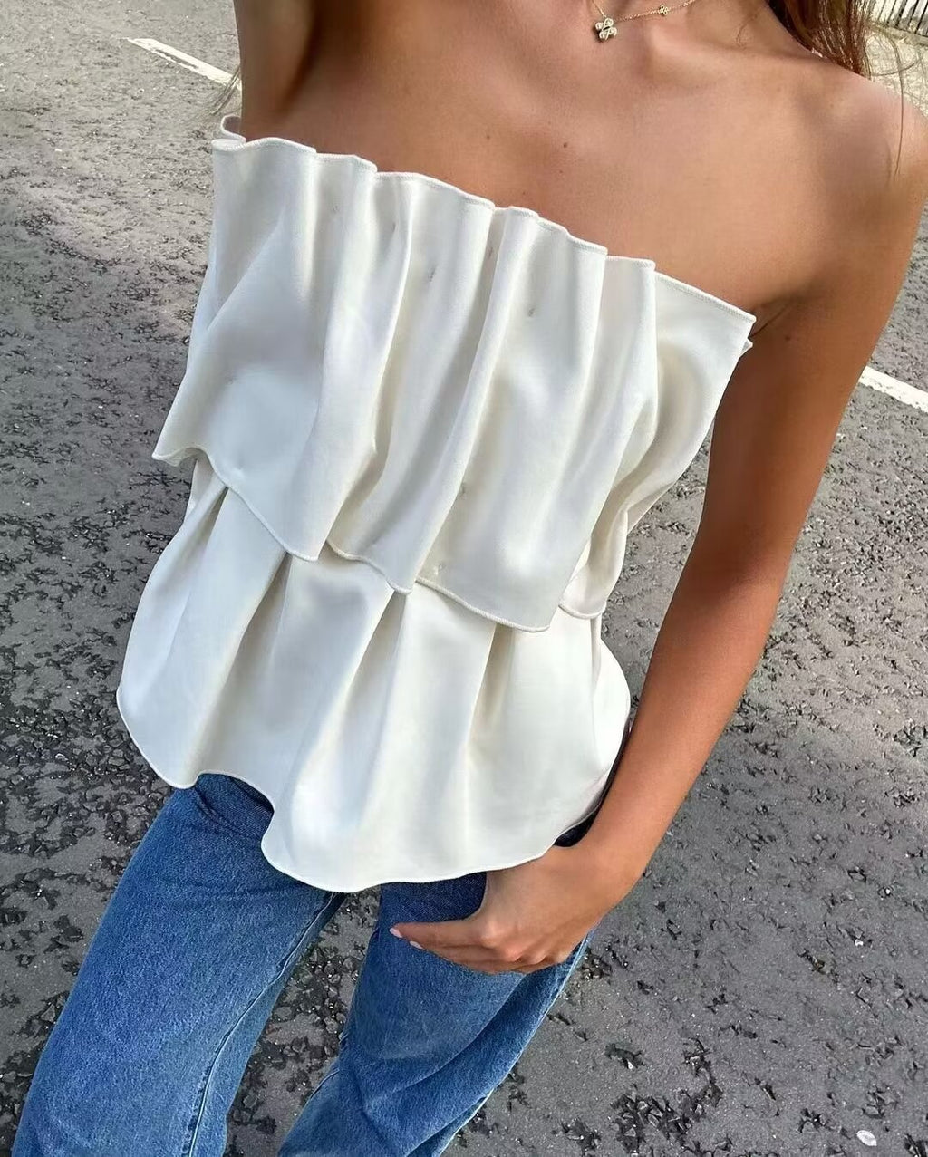 's Tube Top Bud Pleated Niche Design Wrap Top