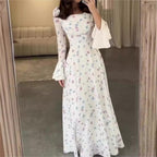 Summer U Neck Printed Long Sleeve Flared Sleeves Slim Dress