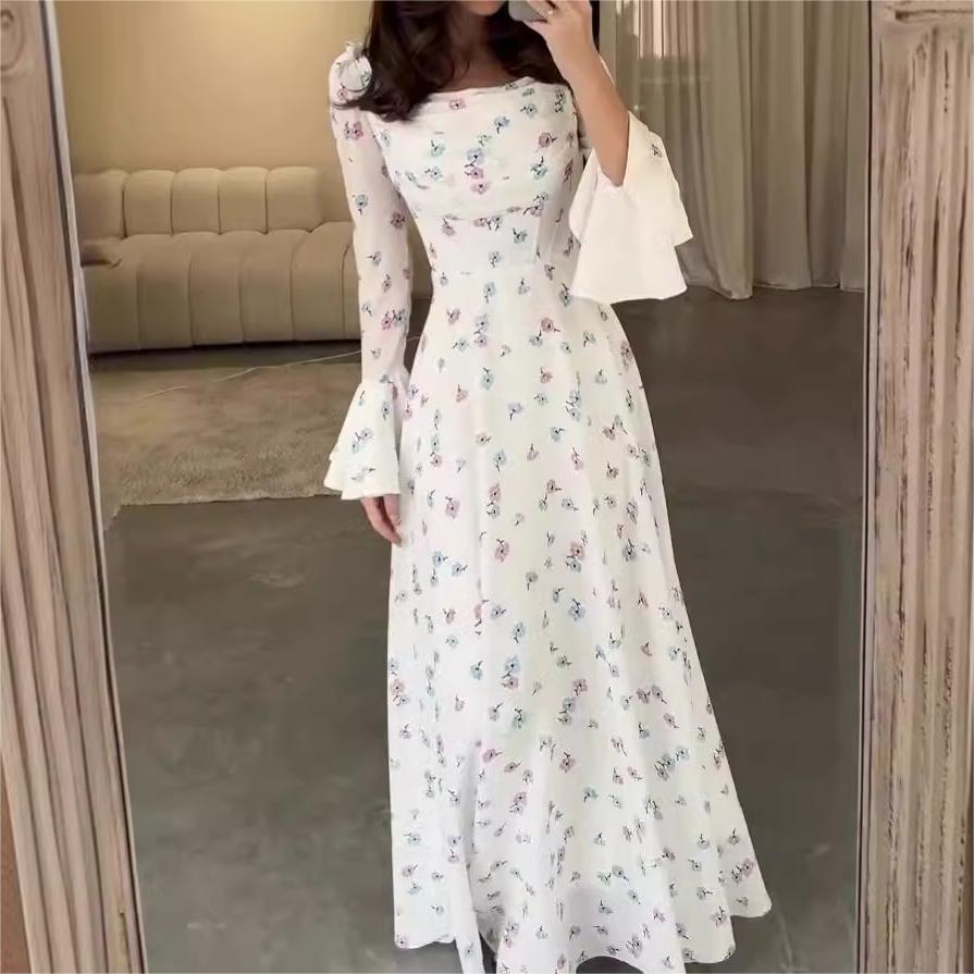 Summer U Neck Printed Long Sleeve Flared Sleeves Slim Dress