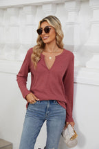 Loose V-Neck Solid Color Long Sleeve Top
