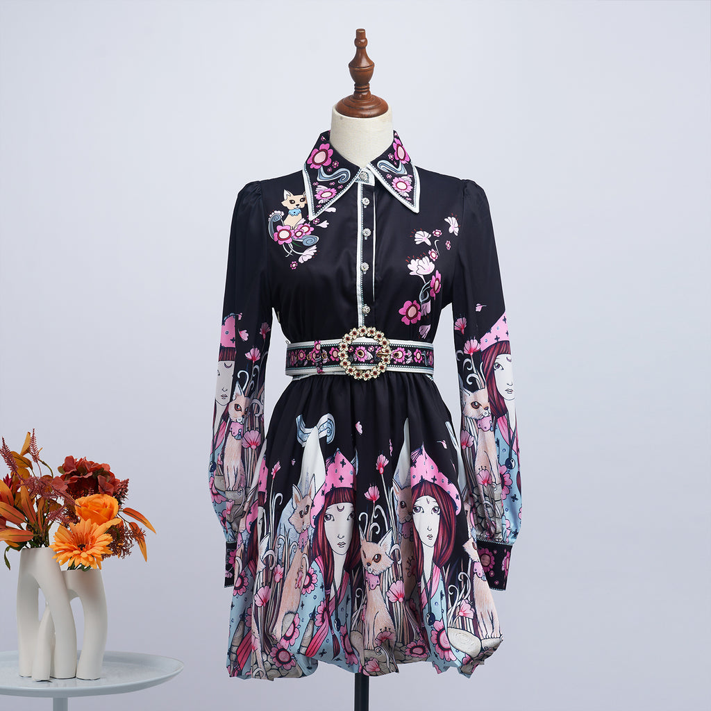 Women's Belted Floral Collared Mini Dress
