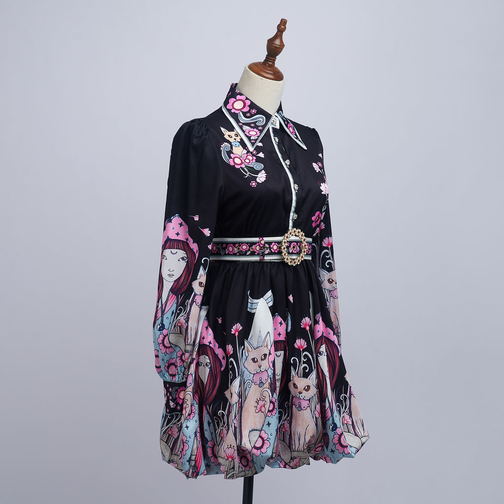 Women's Belted Floral Collared Mini Dress