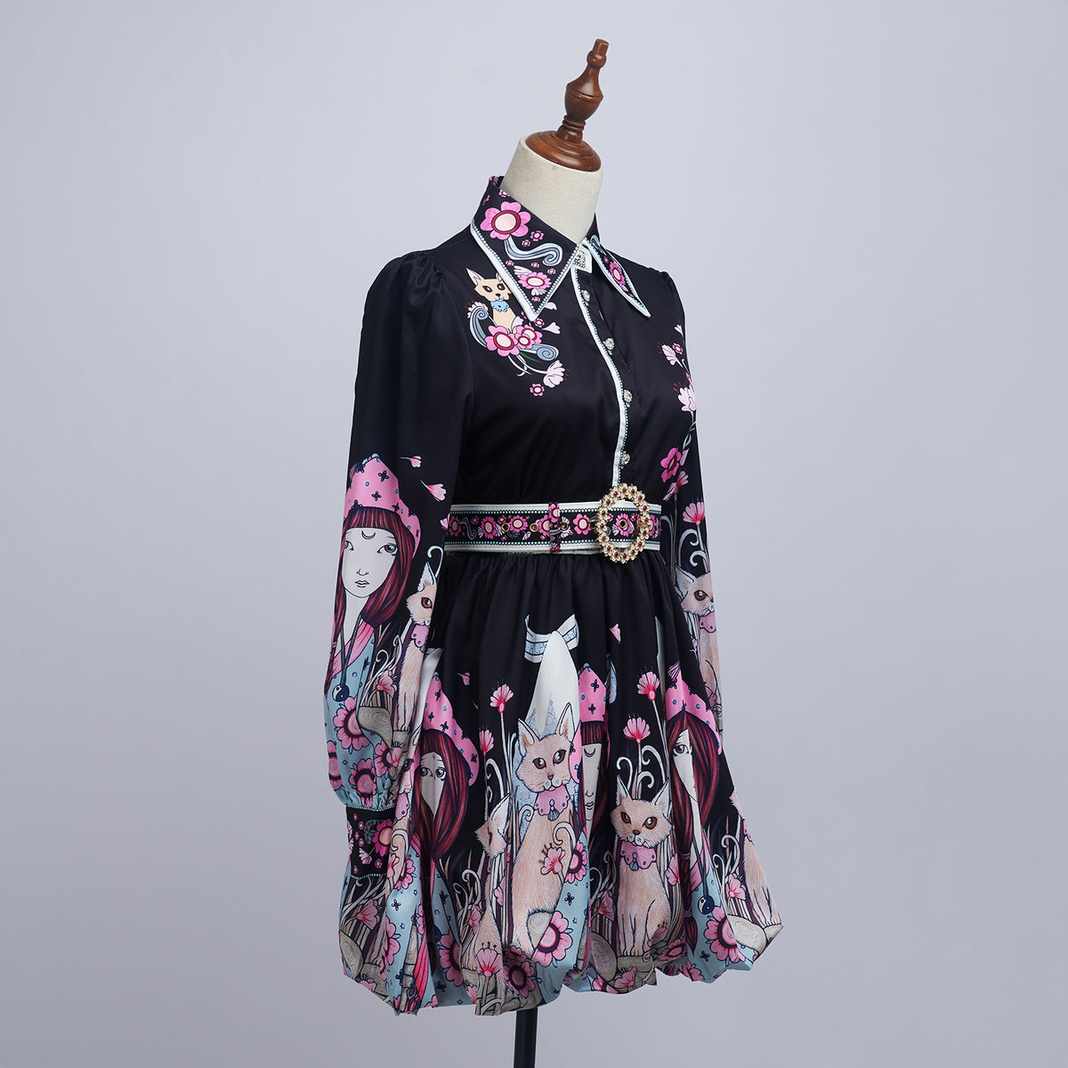 Women's Belted Floral Collared Mini Dress