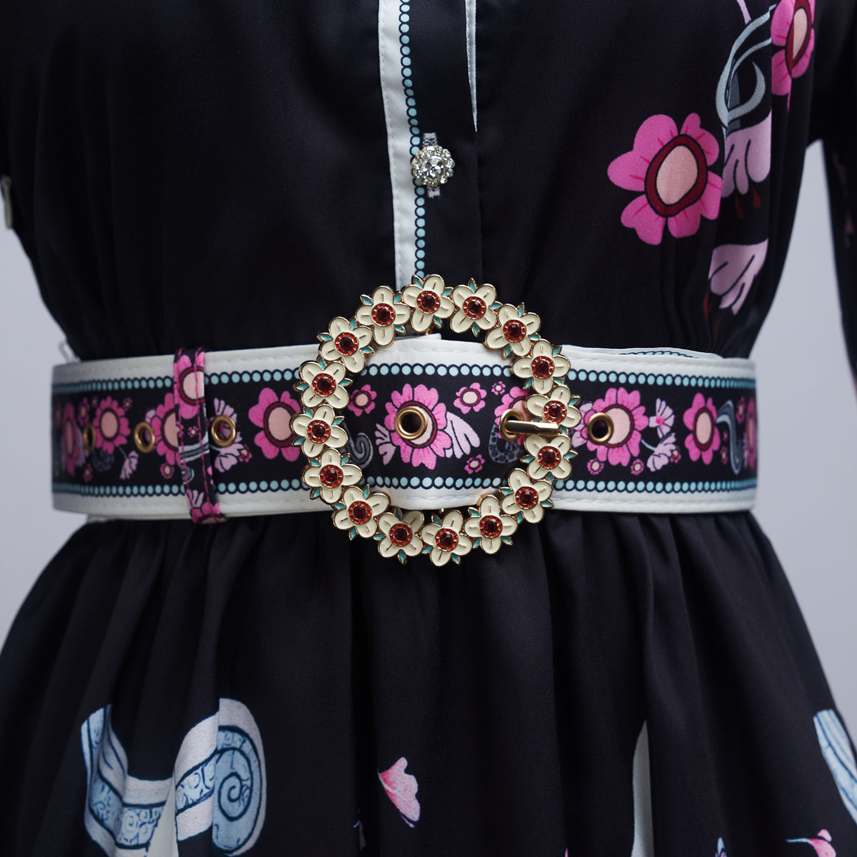 Women's Belted Floral Collared Mini Dress