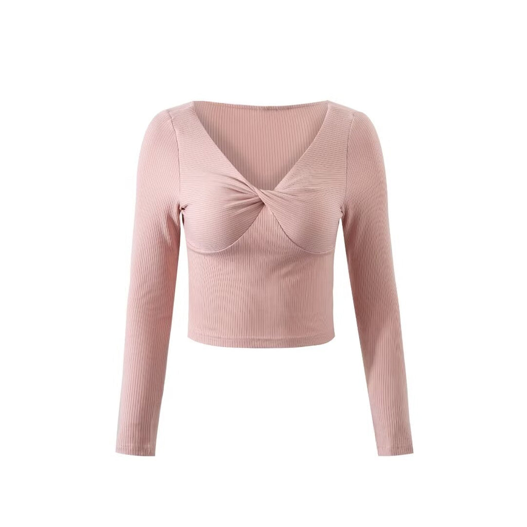 Women’s Pink Ribbed Twist V Neck Top