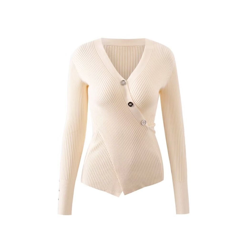 Women’s V Neck Cross Button Ribbed Long Sleeve Top