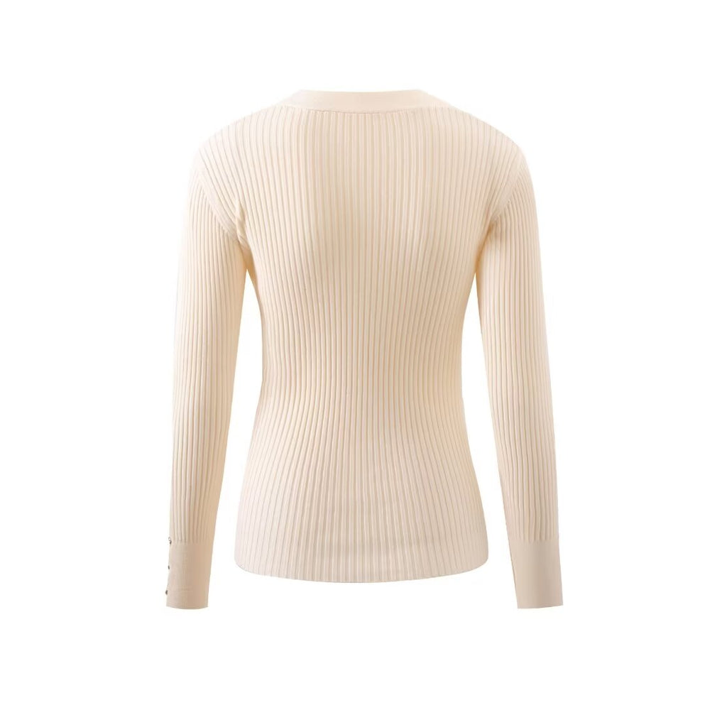Women’s V Neck Cross Button Ribbed Long Sleeve Top