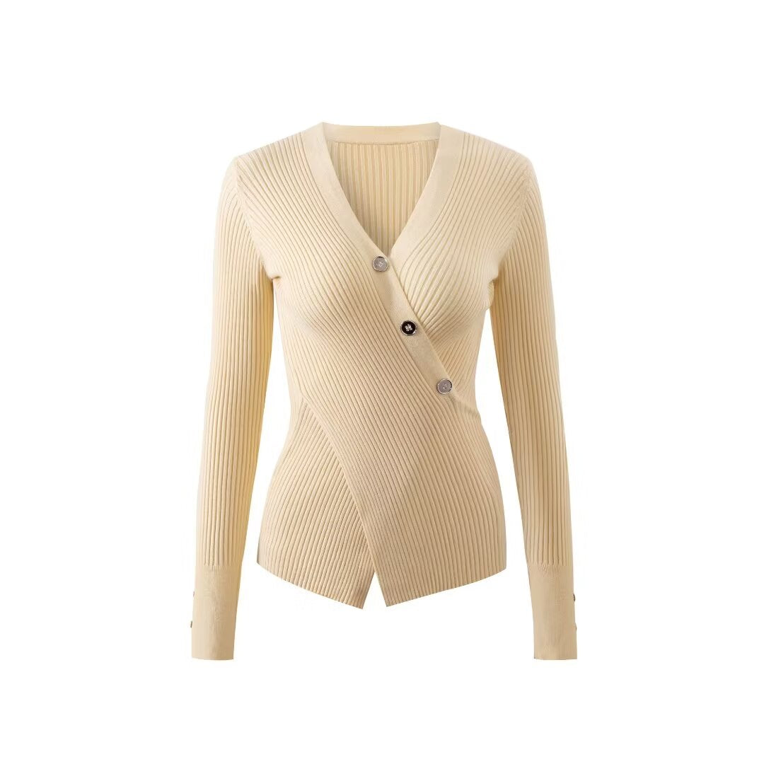 Women’s V Neck Cross Button Ribbed Long Sleeve Top