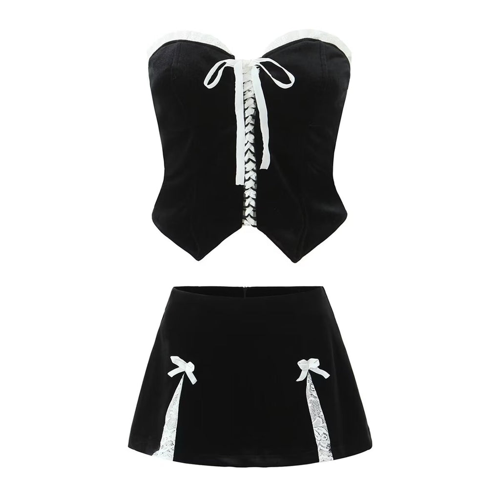 Women's Lace Velvet High-Waisted Two-Piece Skirt Set