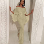 Women's Back Big Ruffled Wrapped Chest Off-Shoulder Dress Blingbling Sheath Slit Evening Dress