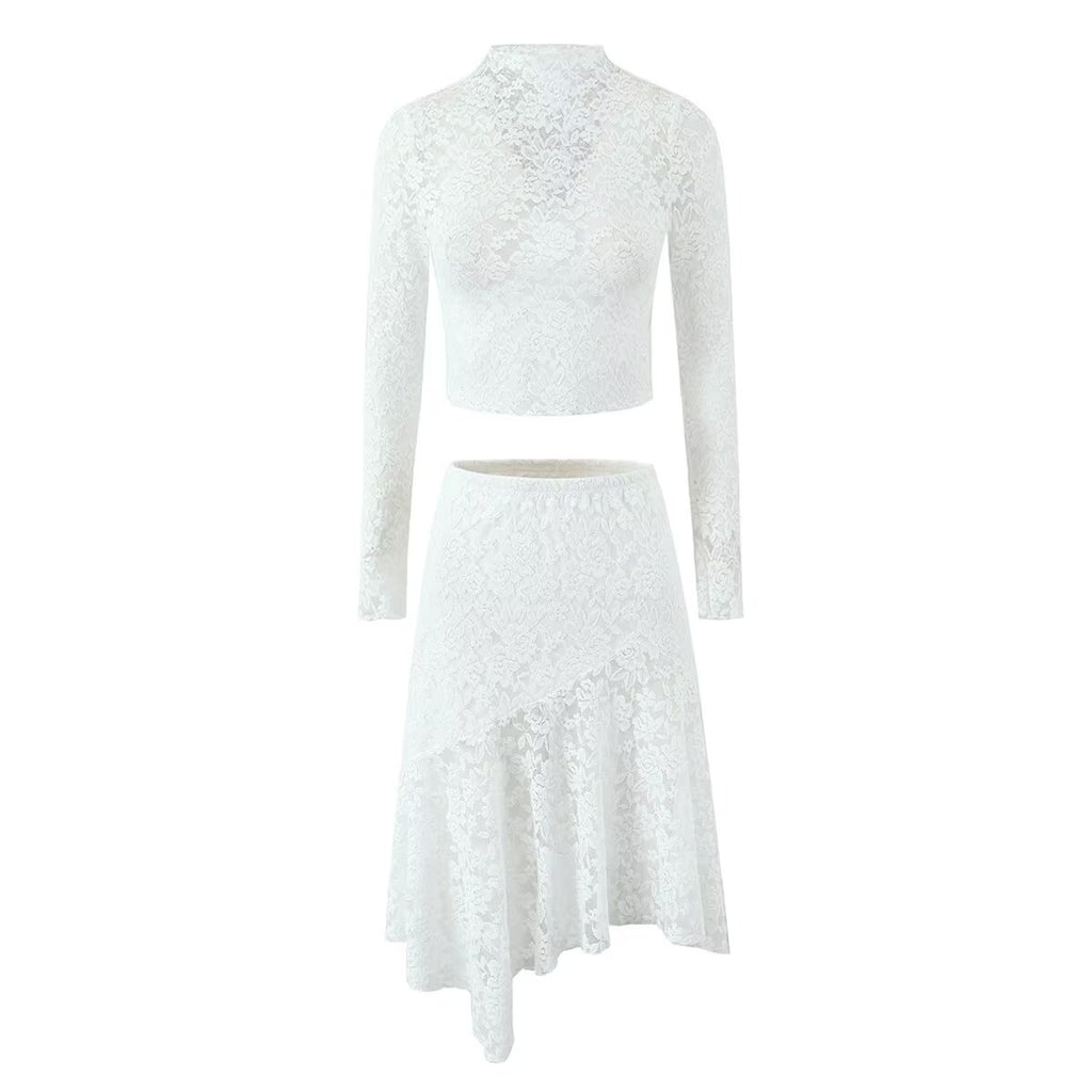 Women's Lace See Through Sexy Small Turtleneck Long Sleeved Top Irregular Asymmetric Skirt Two Piece Set