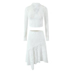 Women's Lace See Through Sexy Small Turtleneck Long Sleeved Top Irregular Asymmetric Skirt Two Piece Set