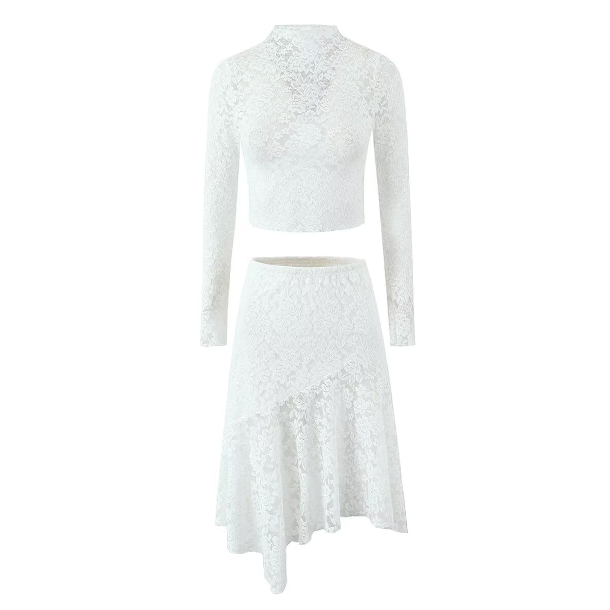 Women's Lace See Through Sexy Small Turtleneck Long Sleeved Top Irregular Asymmetric Skirt Two Piece Set