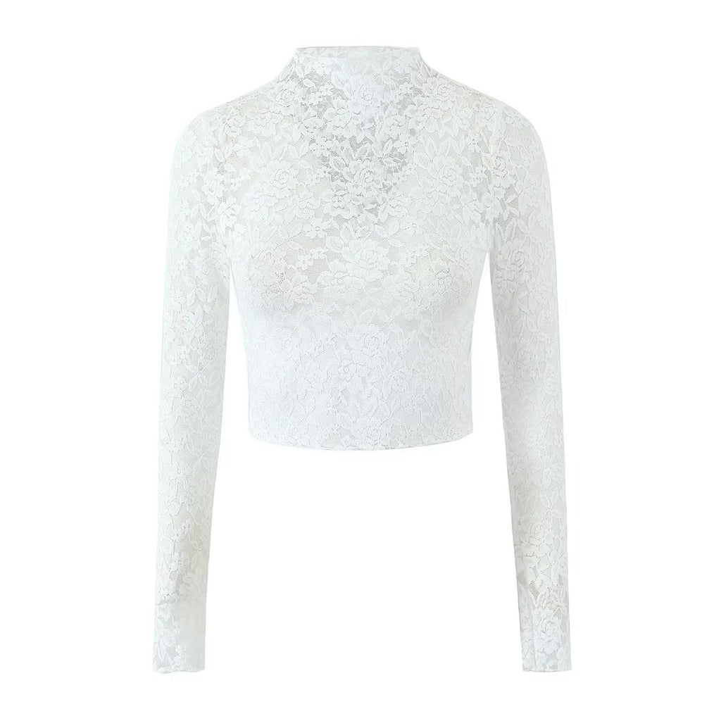 Women's Lace See Through Sexy Small Turtleneck Long Sleeved Top Irregular Asymmetric Skirt Two Piece Set
