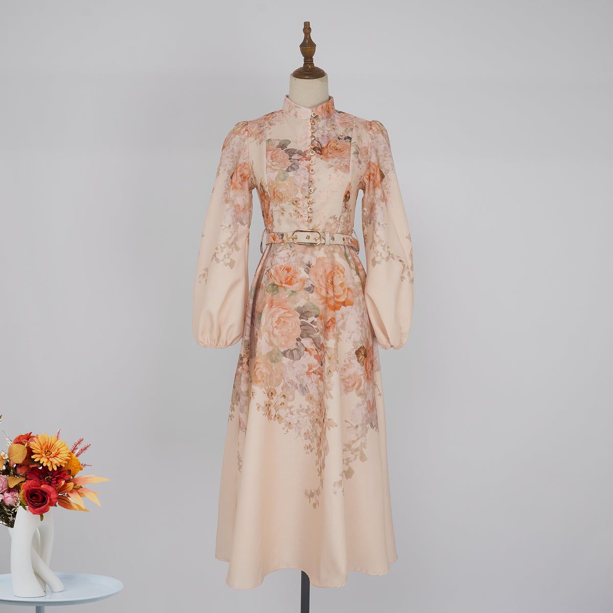 Women's Autumn Stand Collar Flower Lantern Sleeve Buckle Dress