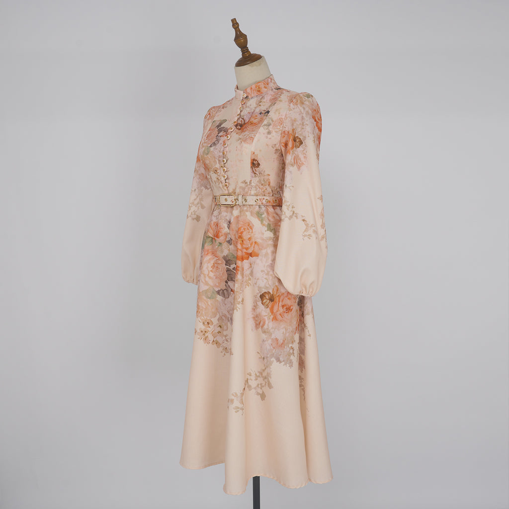 Women's Autumn Stand Collar Flower Lantern Sleeve Buckle Dress