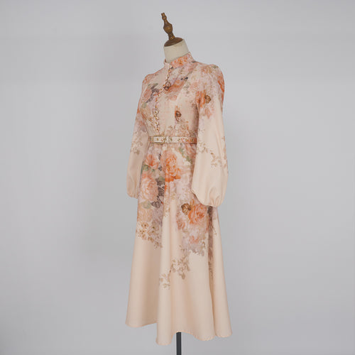 Women's Autumn Stand Collar Flower Lantern Sleeve Buckle Long Dress