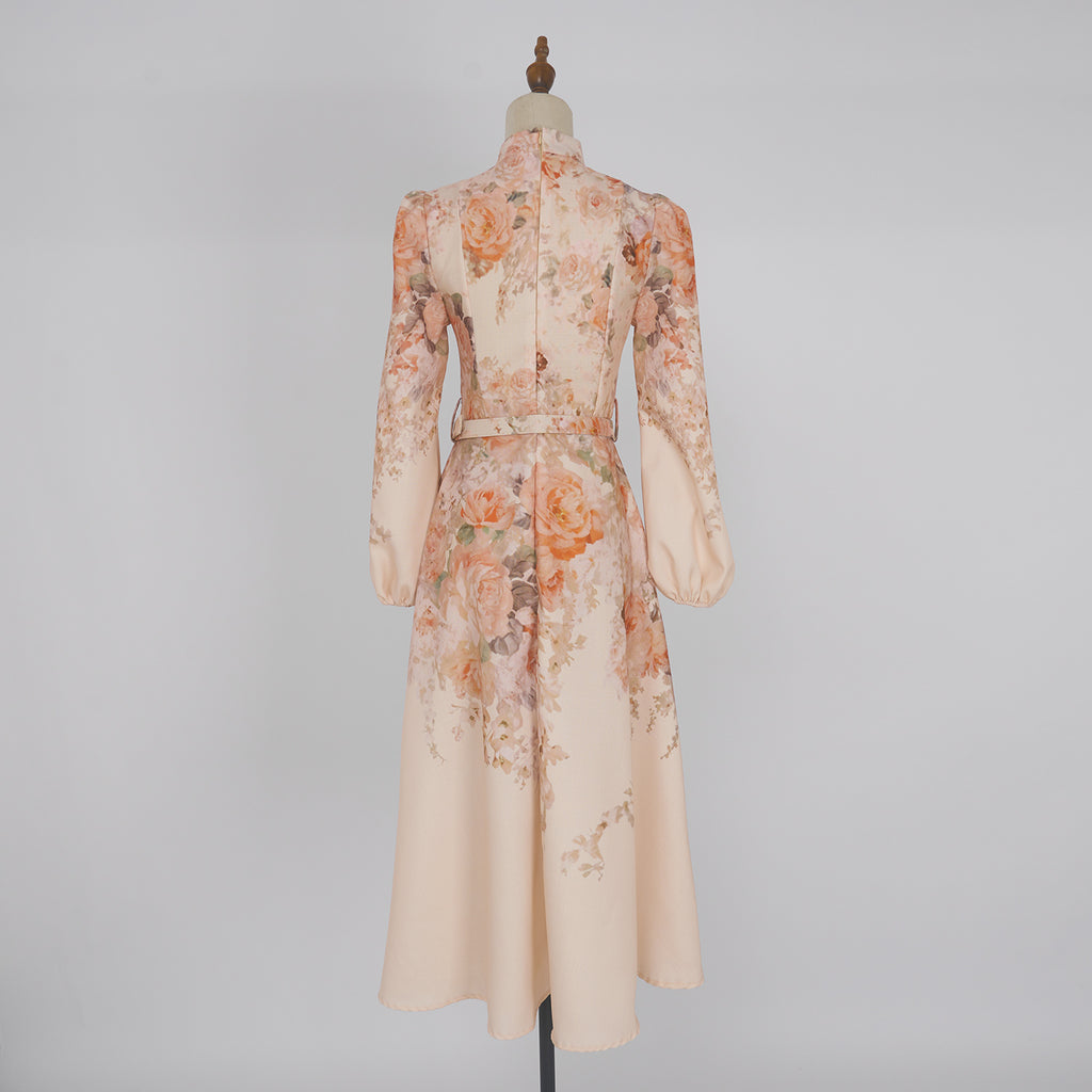 Women's Autumn Stand Collar Flower Lantern Sleeve Buckle Dress