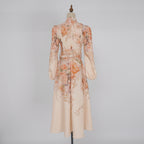 Women's Autumn Stand Collar Flower Lantern Sleeve Buckle Dress