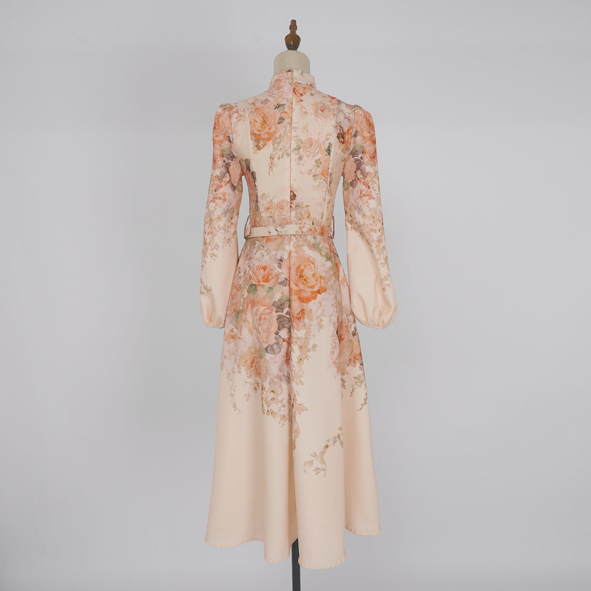 Women's Autumn Stand Collar Flower Lantern Sleeve Buckle Dress